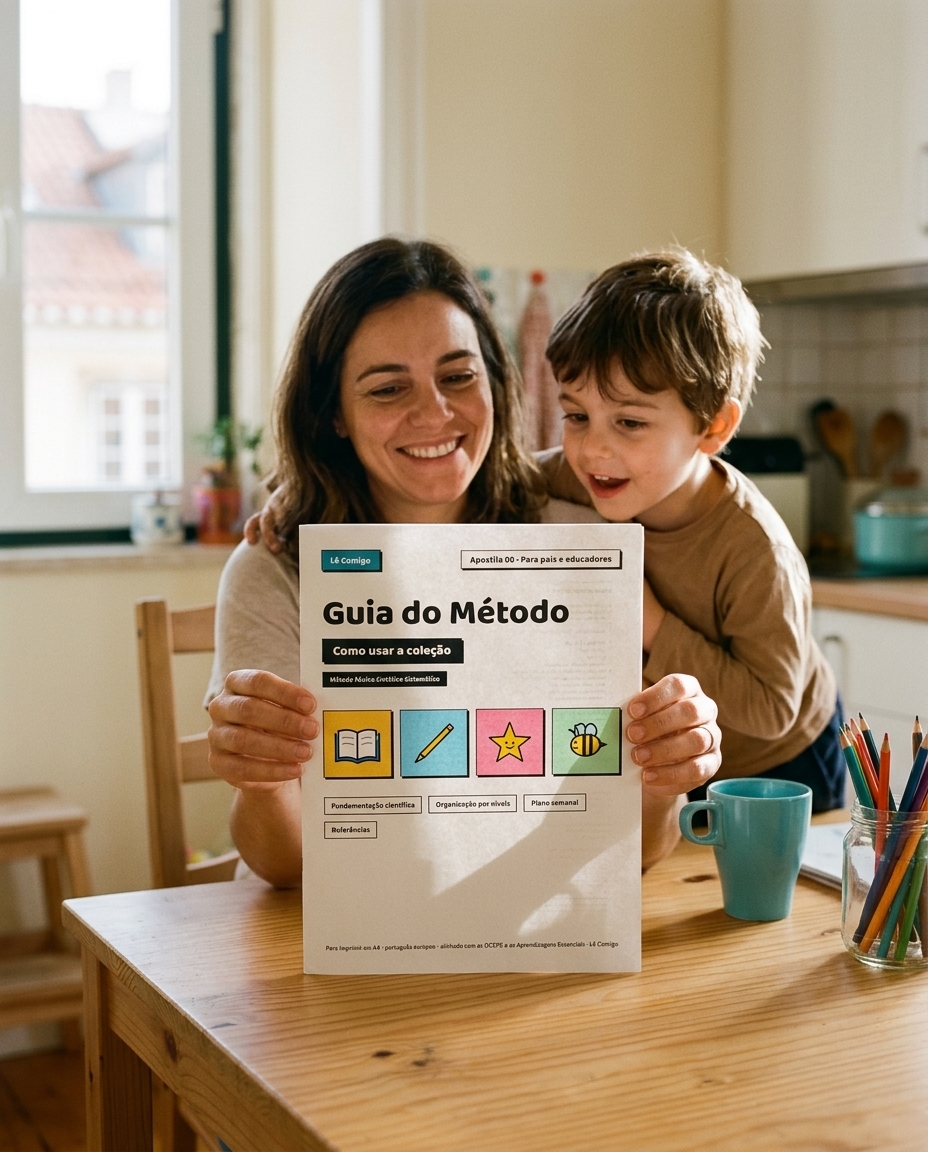Mãe e filho sorridentes a mostrar o Guia do Método Lê Comigo, à mesa da cozinha